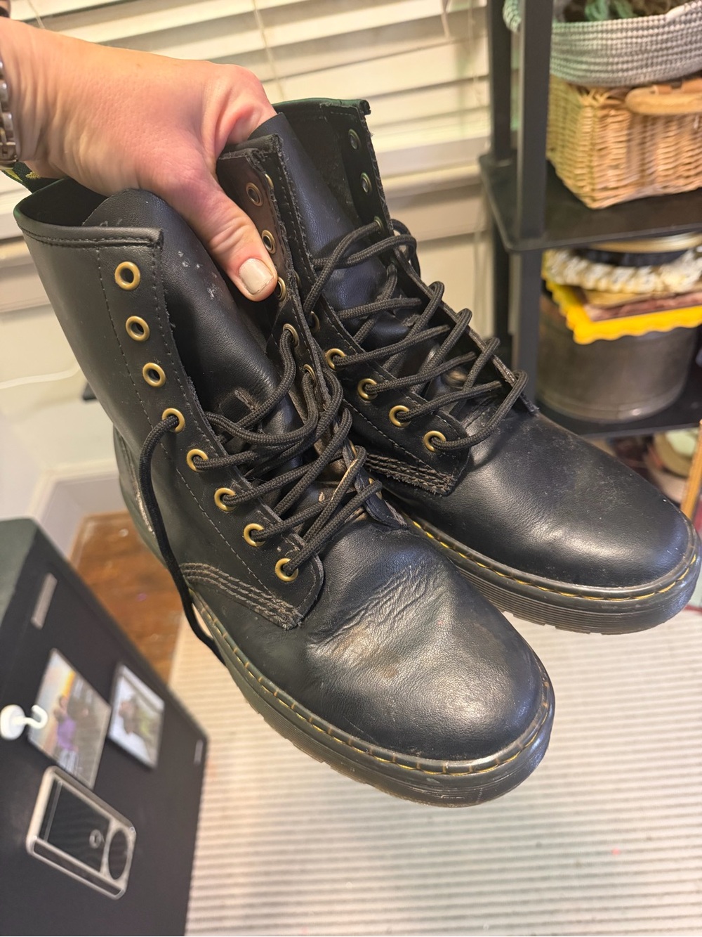 Dr. Martens Black Leather Lace-Up Combat Boots with Yellow Stitching